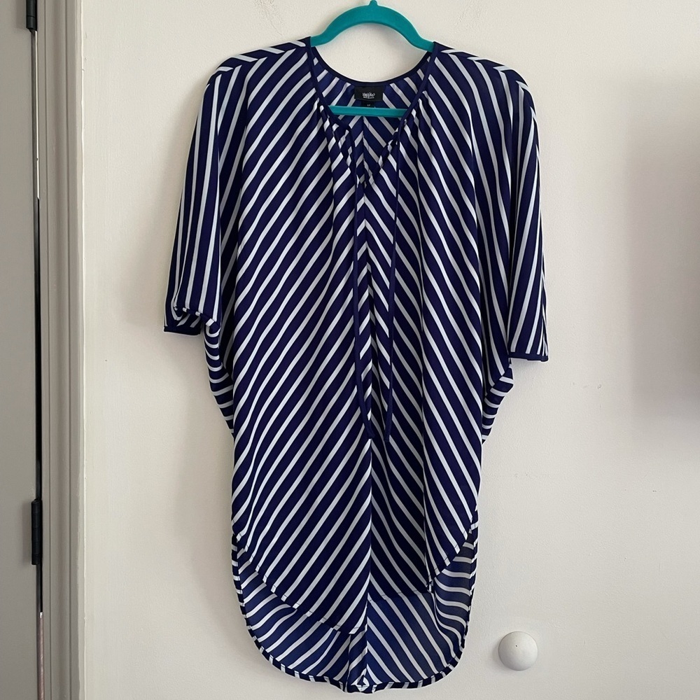 Mossimo Supply Co Popover Tunic Blouse Size S Navy Blue Stripe Sheer Coastal